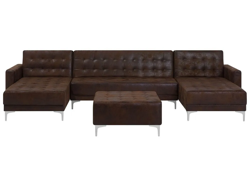 5 Seater U-Shaped Configurable Faux Leather Sofa Ottoman Brown ABERDEEN