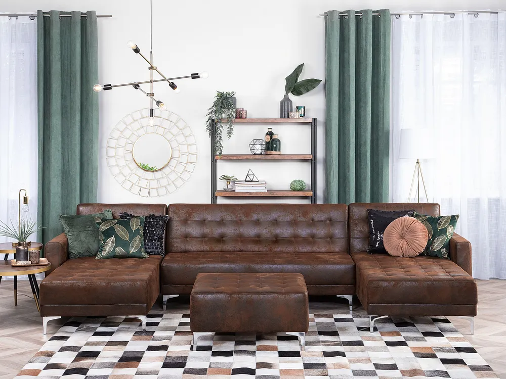 5 Seater U-Shaped Configurable Faux Leather Sofa Ottoman Brown ABERDEEN