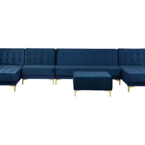 6 Seater U-Shaped Modulaire Velvet Sofa Ottoman Navy Blue ABERDEEN