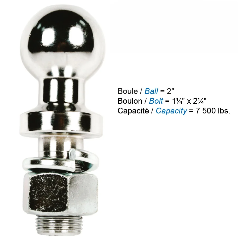 Boule d’attelage 2" avec base 2-1/4" et boulon 1-1/4" – capacité 7500 lb