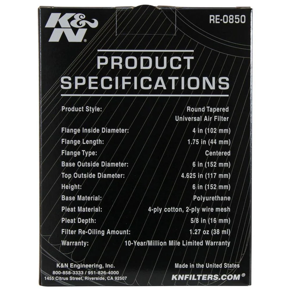 FILTRE AIR UNIVERSEL K&N RE-0850