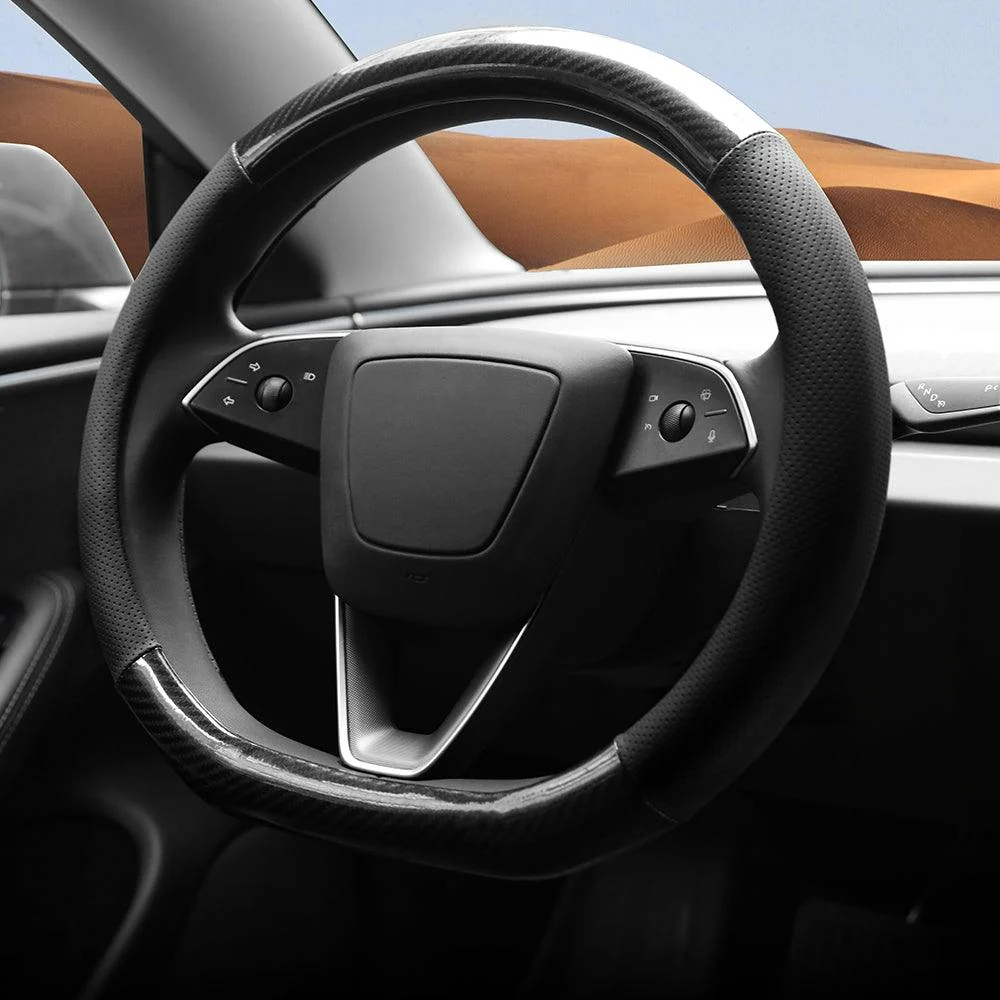 Housse de volant en cuir à motif carbone en forme de D pour Tesla Model 3 Highland 2024+