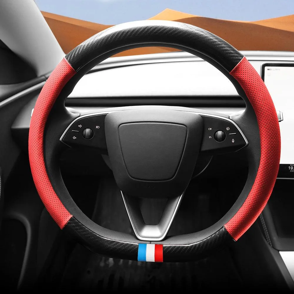 Housse de volant en cuir à motif carbone en forme de D pour Tesla Model 3 Highland 2024+