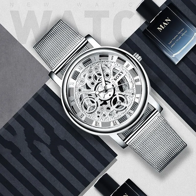 Montre homme squelette quartz chromé marque soxy neuve