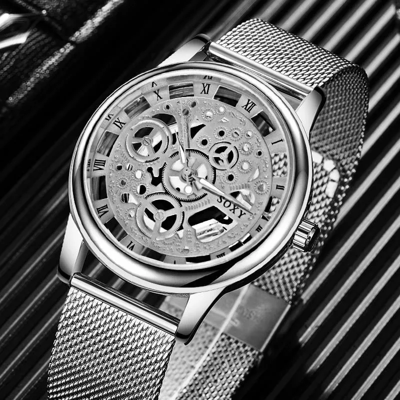 Montre homme squelette quartz chromé marque soxy neuve