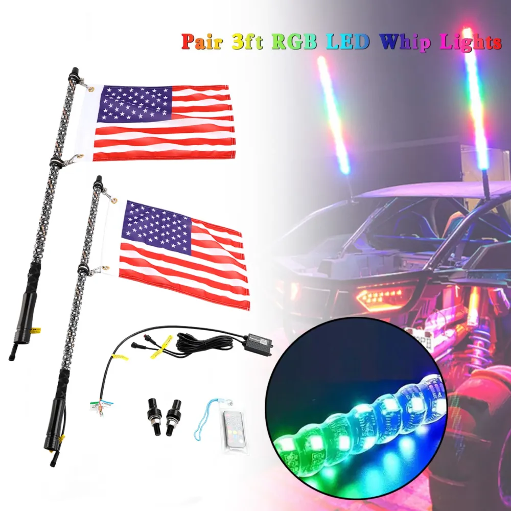 Tracteur UTE Van Camper rouleau de route bulldozer grue 2X 3 pieds RGB LED fouet lumières antenne avec drapeau télécommande