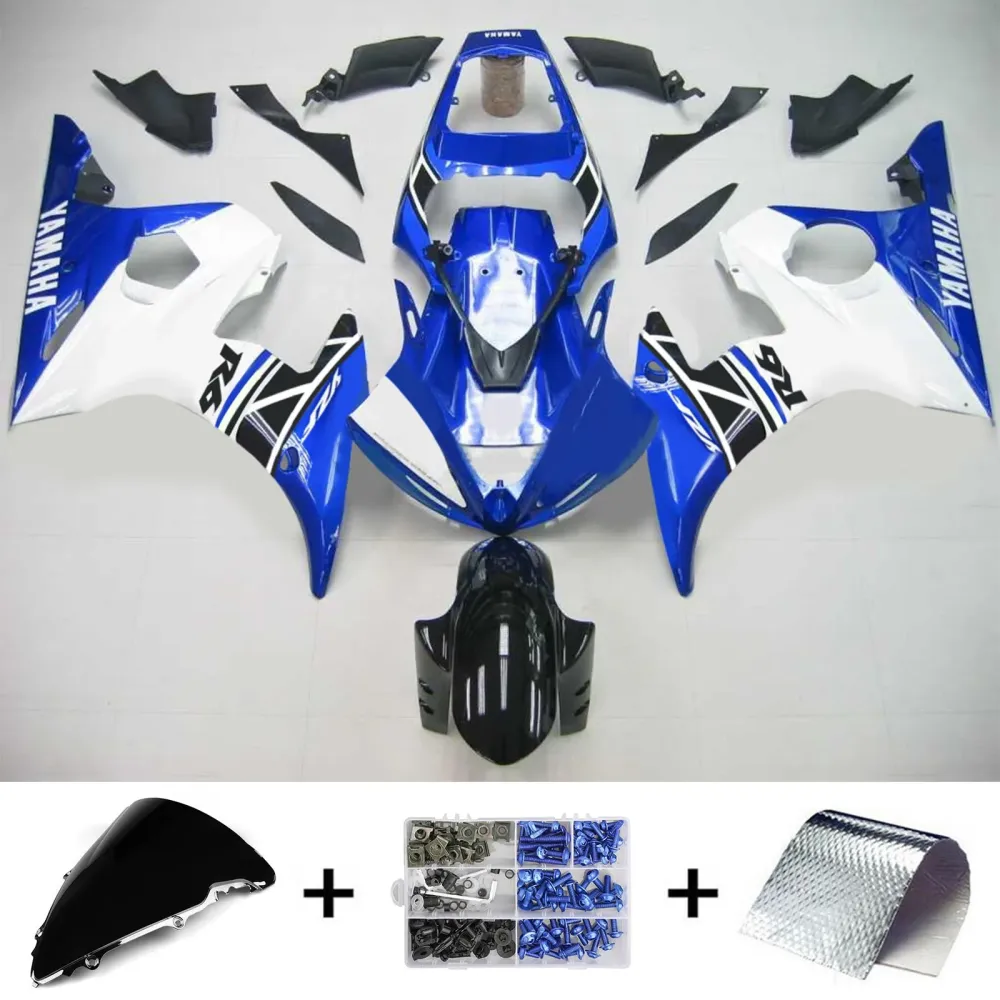 Amotopart Yamaha 2003-2004 YZF 600 R6 & 2006-2009 YZF R6S Kit de carénage blanc bleu
