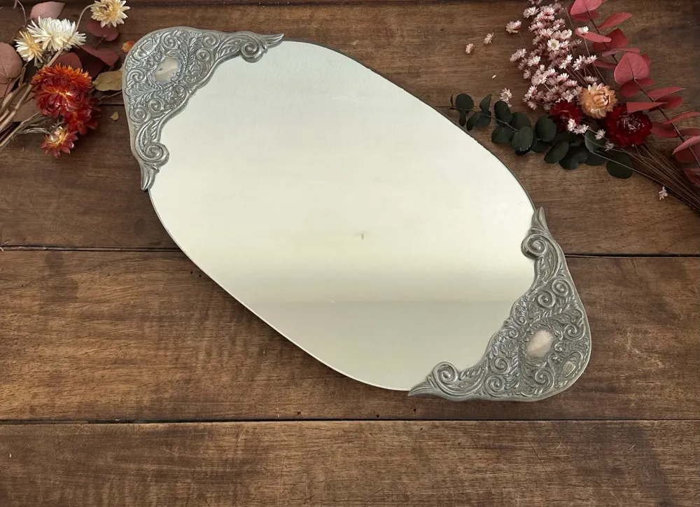 Support de rangement Plateau miroir en métal argenté style art déco