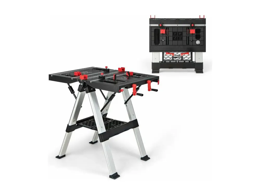 Établi pliable avec plate-forme 2 en 1 et 2 hauteurs réglables support de scie garage cadre en alu avec système de serrage...