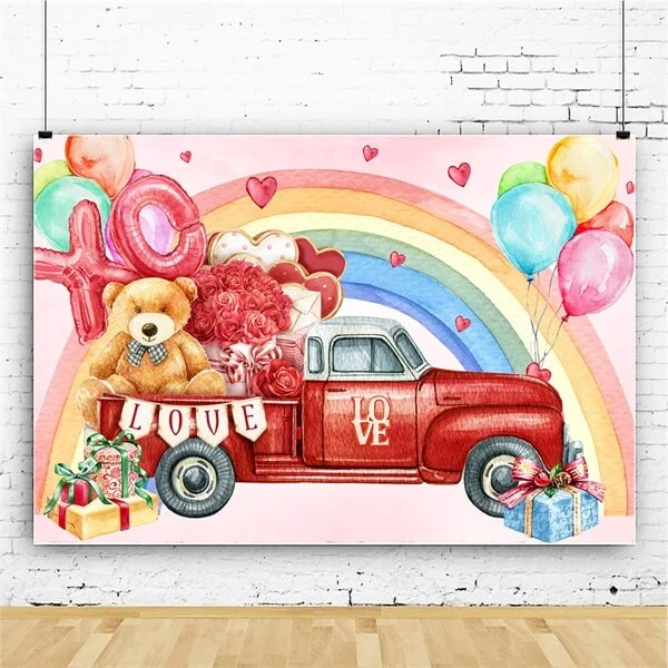Saint Valentin Ours Rose Coffre Rouge Voiture Arc-en-ciel Ballons Graffiti Toile de fond M12-11