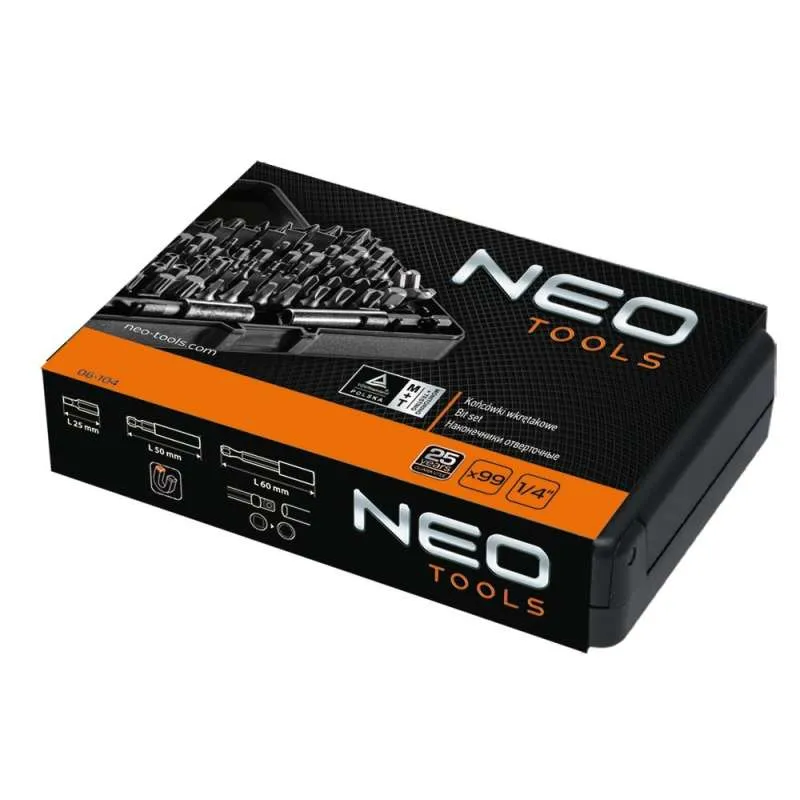Coffret Embouts de Vissage + 2 Porte-Embouts Magnétiques 1/4 NEO TOOLS 06-104 - 99 Pièces - 22mm/25mm/28mm