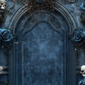 Fond Studio Halloween Porte Gothique Roses Bleues Et Crânes Effrayants TWW58-46