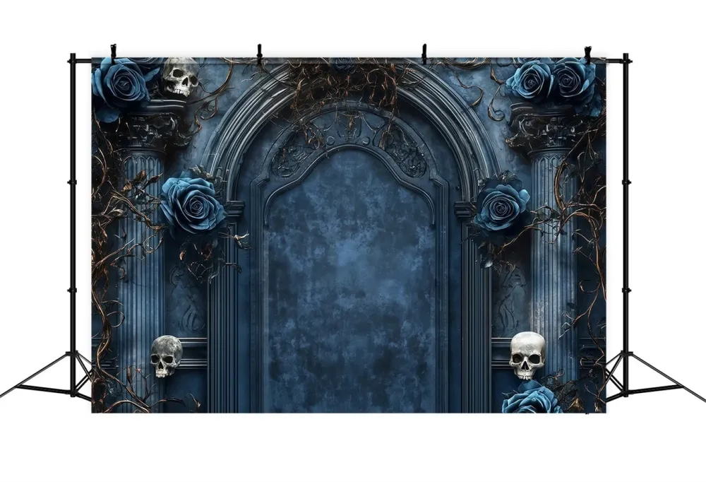 Fond Studio Halloween Porte Gothique Roses Bleues Et Crânes Effrayants TWW58-46