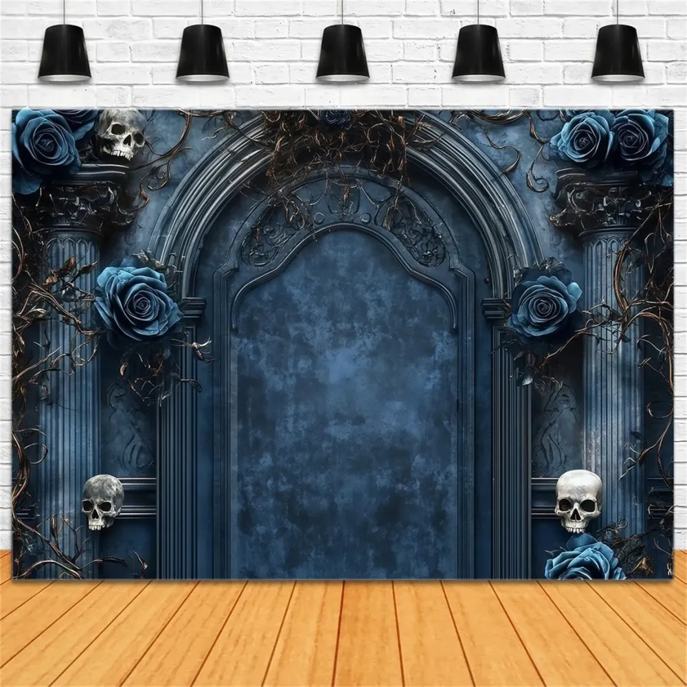 Fond Studio Halloween Porte Gothique Roses Bleues Et Crânes Effrayants TWW58-46