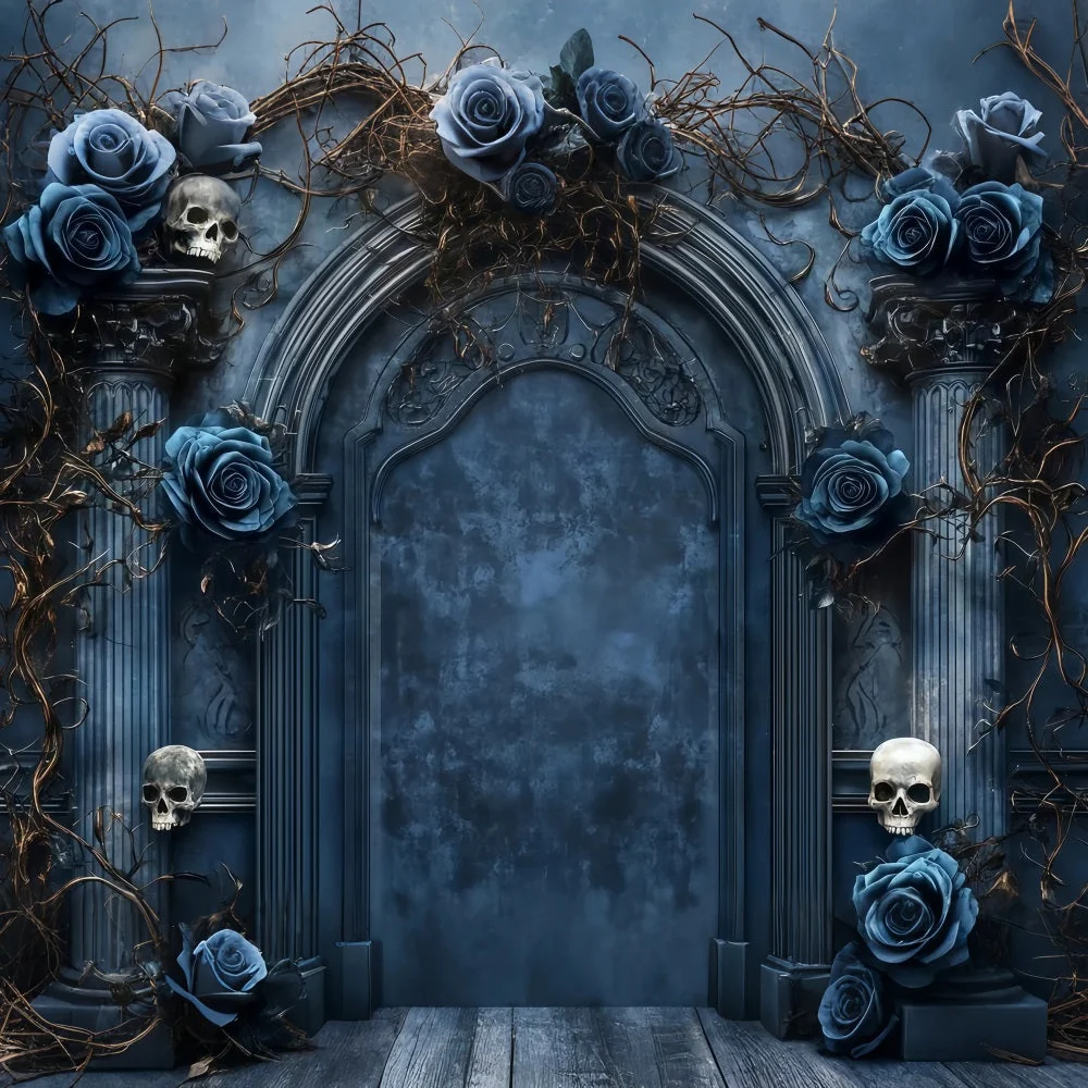 Fond Studio Halloween Porte Gothique Roses Bleues Et Crânes Effrayants TWW58-46