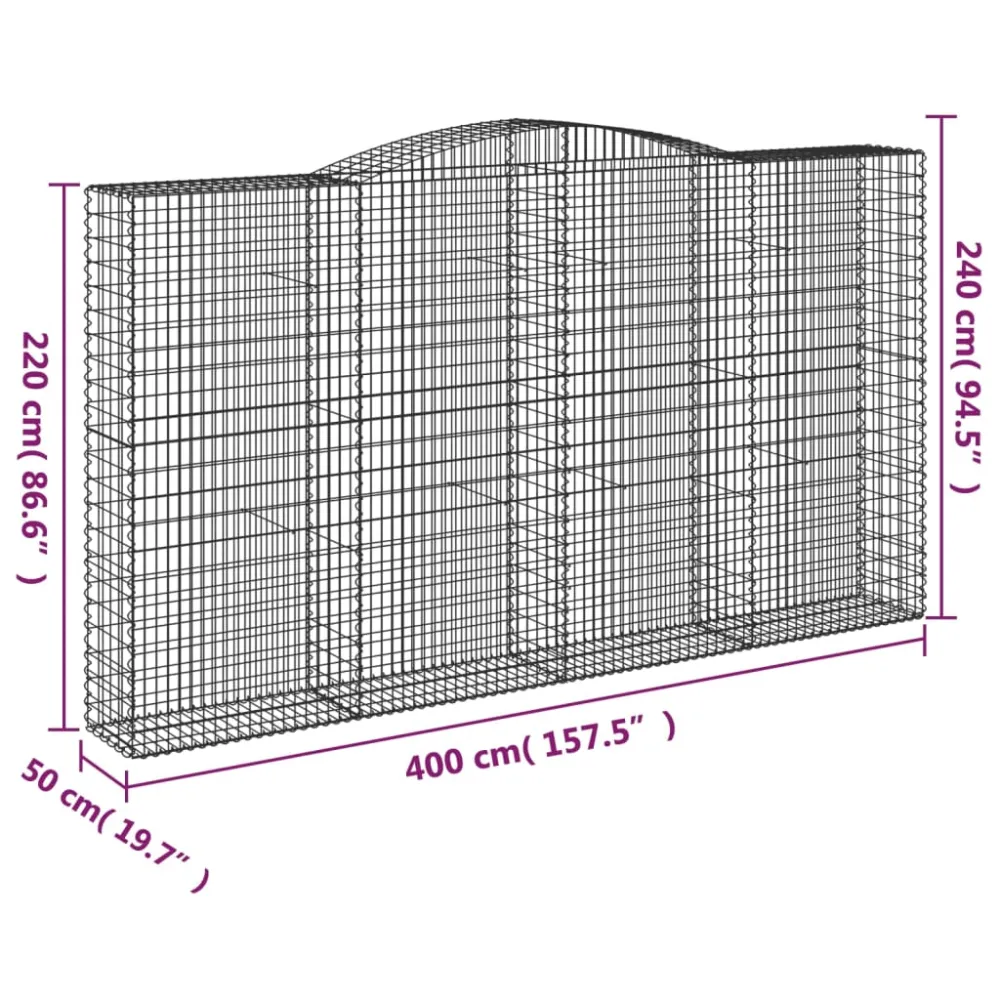 Lot de 2 paniers à gabions clôture cage mur de soutènement arqués 400 x 50 x 220/240 cm fer galvanisé Argent 02_0041412