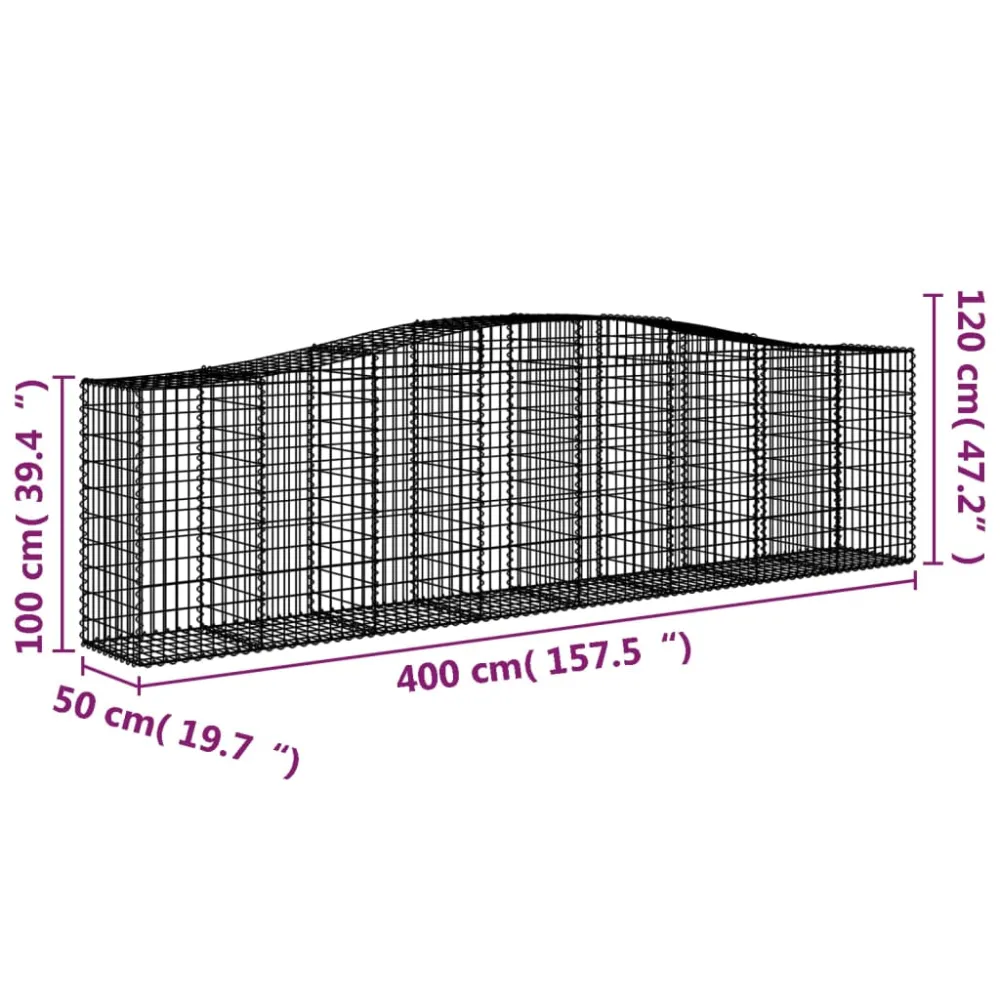 Lot de 9 paniers à gabions clôture cage mur de soutènement arqués 400 x 50 x 100/120 cm fer galvanisé Argent 02_0041306