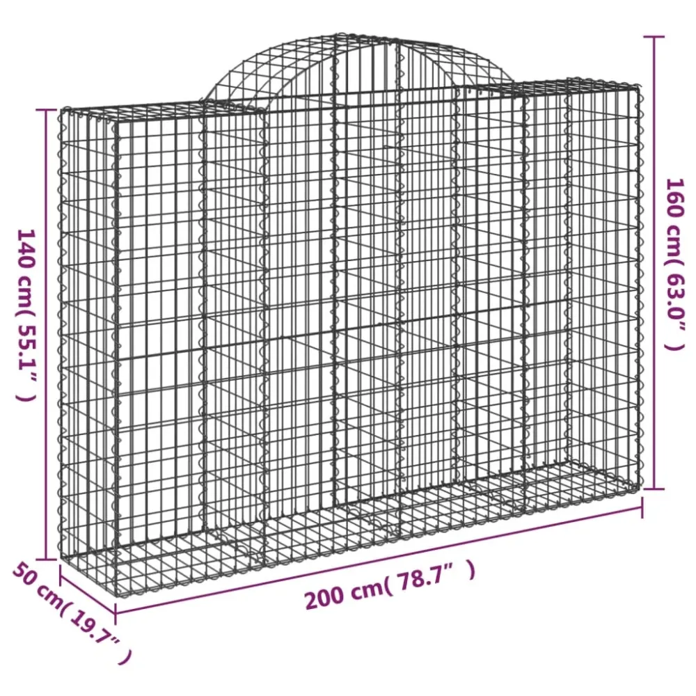 Lot de 2 paniers à gabions clôture cage mur de soutènement arqués 200 x 50 x 140/160 cm fer galvanisé Argent 02_0041349