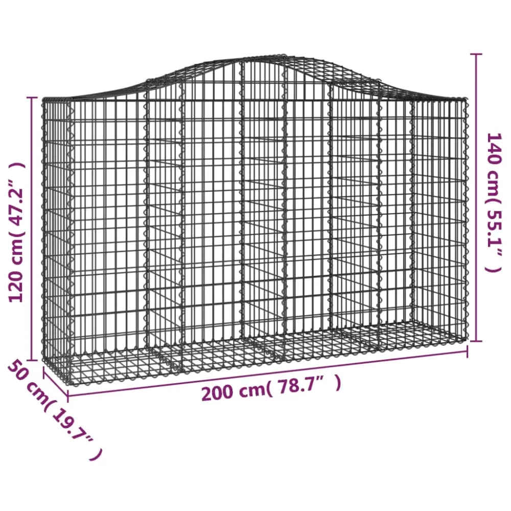 Lot de 2 paniers à gabions clôture cage mur de soutènement arqués 200 x 50 x 120/140 cm fer galvanisé Argent 02_0041346