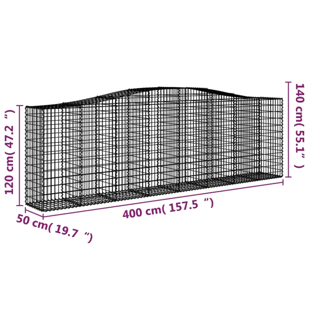Lot de 2 paniers à gabions clôture cage mur de soutènement arqués 400 x 50 x 120/140 cm fer galvanisé Argent 02_0041402