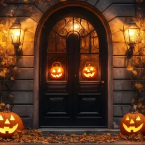 Toile De Fond Halloween Porte De Garage Citrouilles Illuminées Entrée Rustique Effrayante TWW58-37 avec Revêtement impermé...