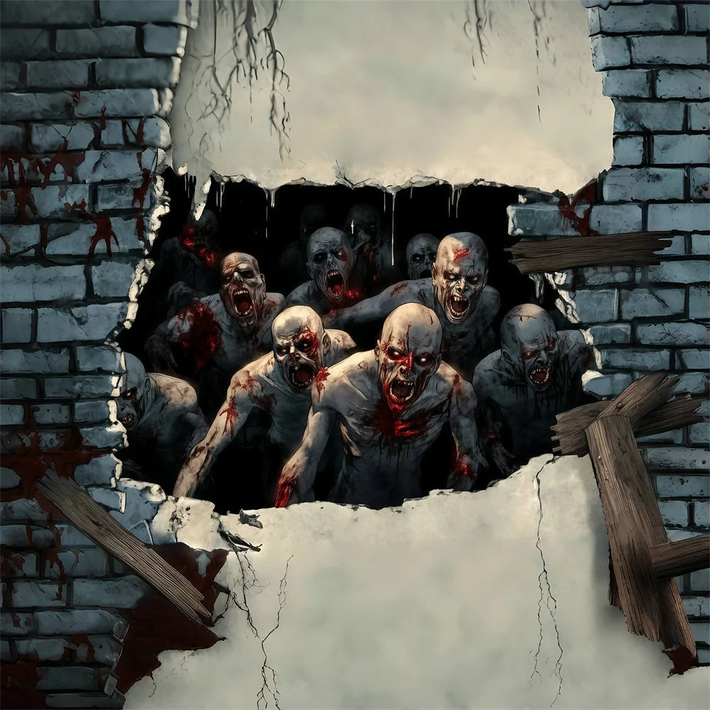 Toile De Fond Photo Halloween Porte De Garage Zombies Assoiffés De Sang Brisant Le Mur TWW58-40
