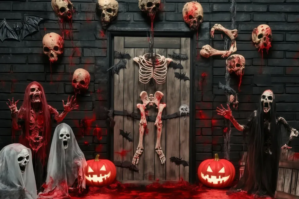 Toile Photo Halloween Porte De Garage Squelettes Sanglants Et Crânes Porte Hantée TWW58-35 Coffre rigide 45L