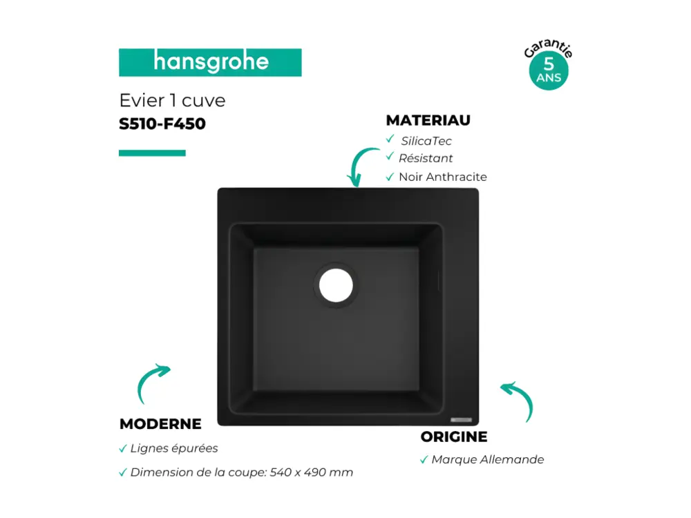 Evier à encastrer 1 bac HANSGROHE S51 450 avec vidage auto noir graphite