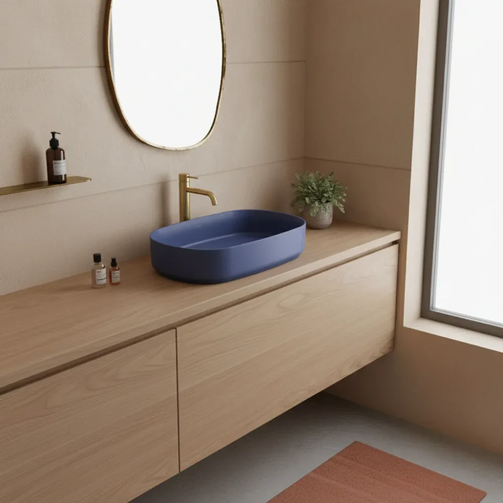 Lavabo d'appoggio ovale senza foro BathCore série Infinity 55x36 couleur Bleu Mat