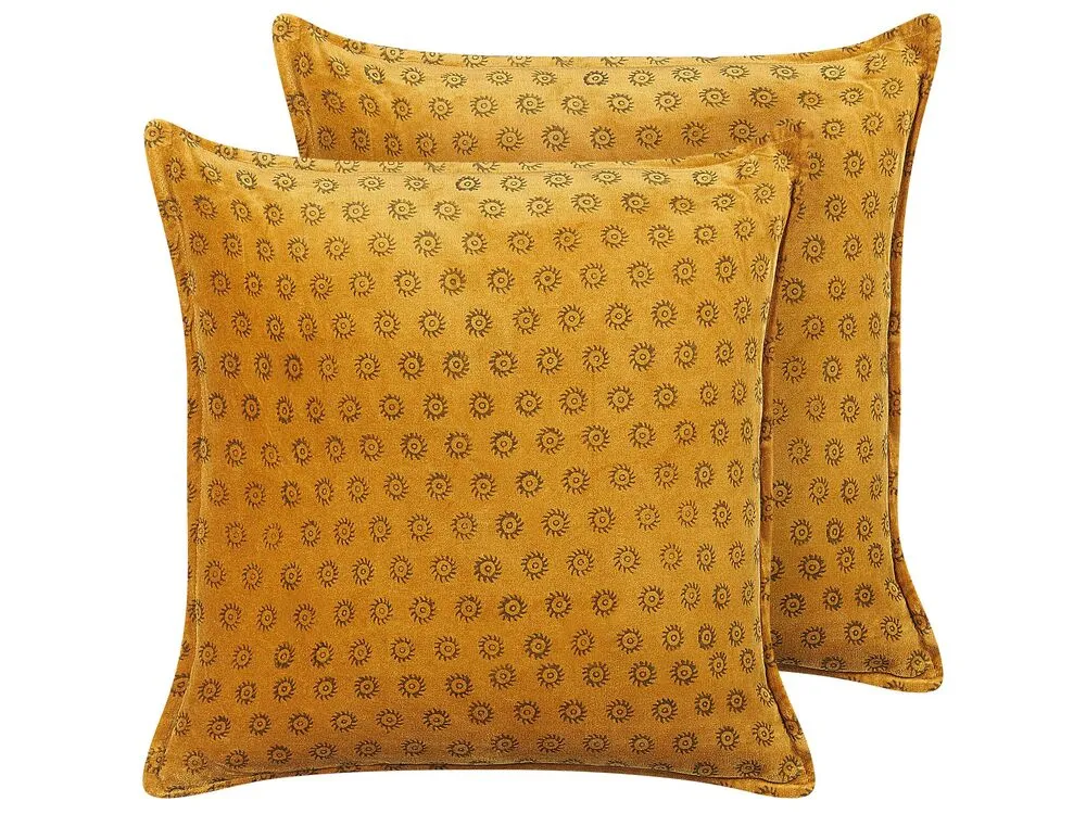 Set 2 Velvet Cushions Sun Pattern 45 x 45 cm Jaune doré RAPIS