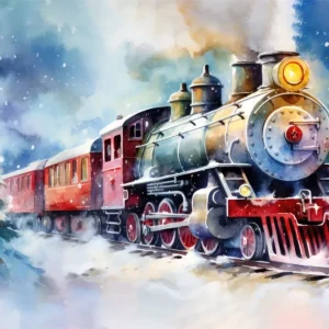 Toile de Fond d'Aquarelle de Train dans une Scène Hivernale de Noël RR8-252