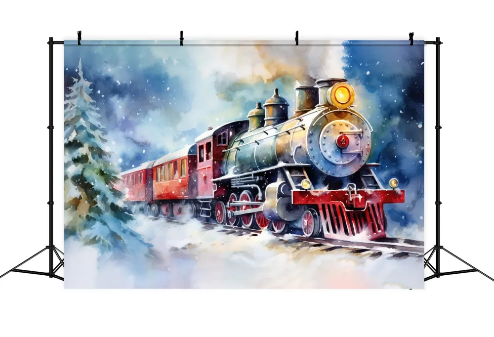 Toile de Fond d'Aquarelle de Train dans une Scène Hivernale de Noël RR8-252