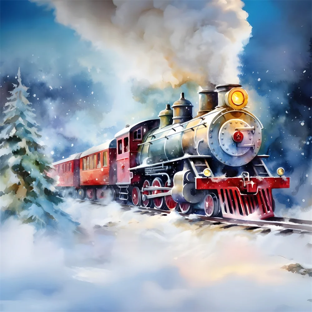 Toile de Fond d'Aquarelle de Train dans une Scène Hivernale de Noël RR8-252
