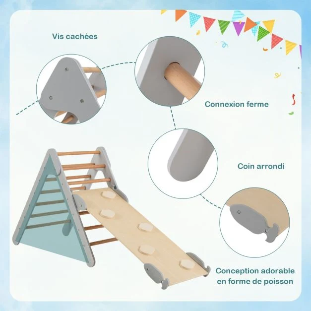 3 en 1 triangle d'escalade enfant en bois rampe duo face à angle réglable pour grimper et glisser gris 20_0007585 - 22mm/2...