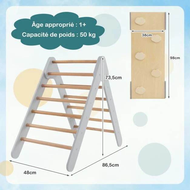 3 en 1 triangle d'escalade enfant en bois rampe duo face à angle réglable pour grimper et glisser gris 20_0007585 - 22mm/2...