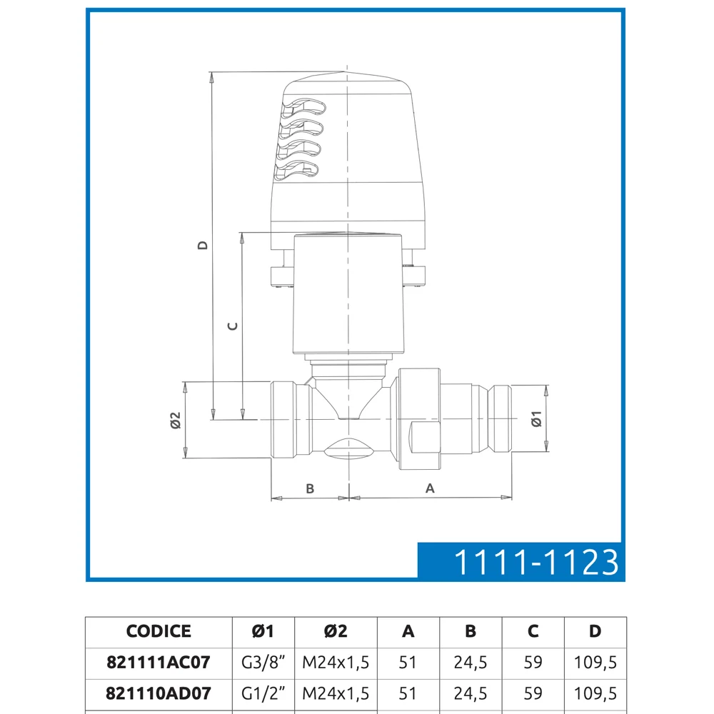Valvola Diritta Termostatizzabile Attacco Rame, Multistrato E Pe-X "Aida" Cromo 1/2" - 24X1,5