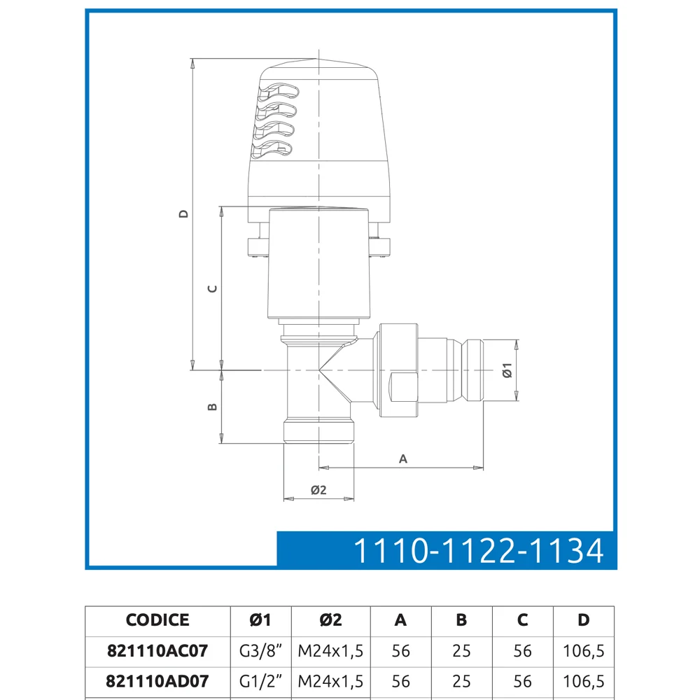 Valvola Squadra Termostatizzabile Attacco Rame, Multistrato E Pe-X "Aida" Cromo 3/8" - 24X1,5