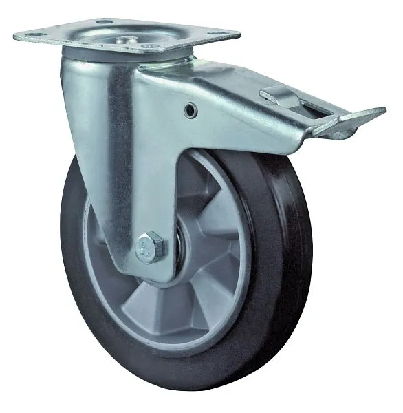 Rouleau de transport BS rollers avec frein largeur 50 mm Ø200 mm jusqu'à 350 kg pneus élastiques noirs corps de r...