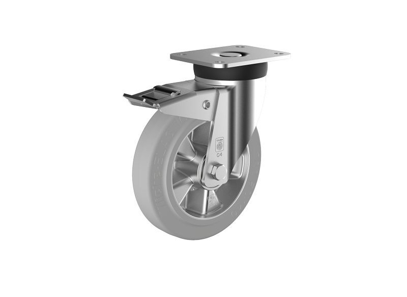 Roue pivotante ferme Wicke avec pneus gris Wicke-ELASTIC® non farineux sur jantes en aluminium moulé sous pression de haut...
