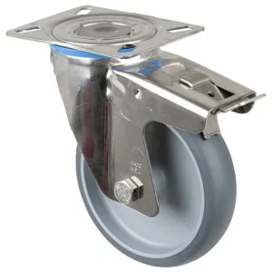 Rouleau de transport en inox avec frein L40 mm Ø150 mm jusqu'à 140 kg pneus thermoplastiques gris palier lisse pl...