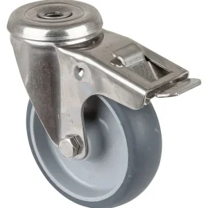 Rouleau de transport en inox avec frein BS rollers L30 mm Ø100 mm jusqu'à 80 kg pneus thermoplastiques gris palie...