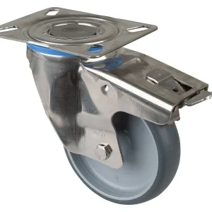 Rouleau de transport en inox avec frein W35 mm Ø125 mm jusqu'à 125 kg pneus thermoplastiques gris palier lisse pl...