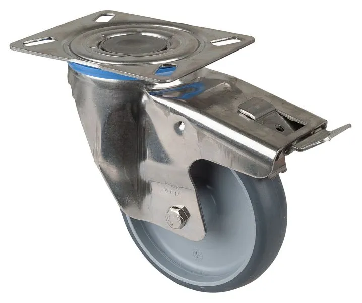 Rouleau de transport en inox avec frein W35 mm Ø125 mm jusqu'à 125 kg pneus thermoplastiques gris palier lisse pl...