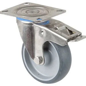 Rouleau de transport BS rollers inox avec frein L30 mm Ø100 mm jusqu'à 80 kg pneus thermoplastiques gris palier l...