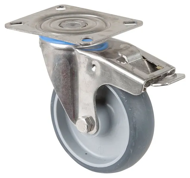 Rouleau de transport BS rollers inox avec frein L30 mm Ø100 mm jusqu'à 80 kg pneus thermoplastiques gris palier l...