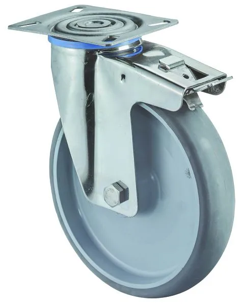 Rouleau de transport BS rollers inox avec frein L50 mm Ø200 mm jusqu'à 200 kg pneus thermoplastiques gris palier...