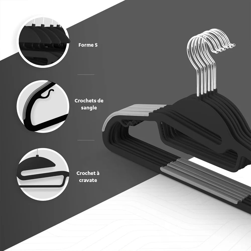 Extension de marche Set de 10 cintres en plastique noir – Antidérapants