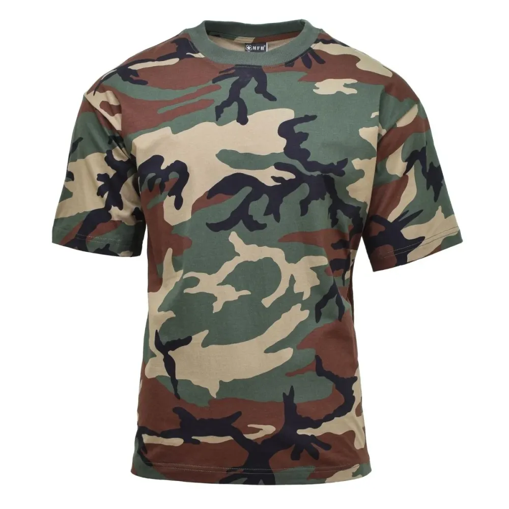 T-shirt à manches courtes de style militaire américain MFH Sous-vêtements camouflage Woodland | Livraison Rapide