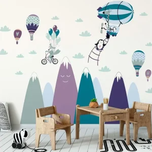 Stickers montagnes scandinaves animaux amusants 110 x 165 cm