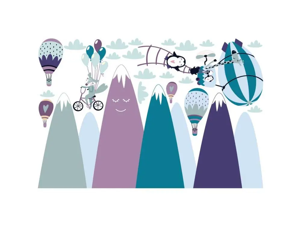 Stickers montagnes scandinaves animaux amusants 110 x 165 cm